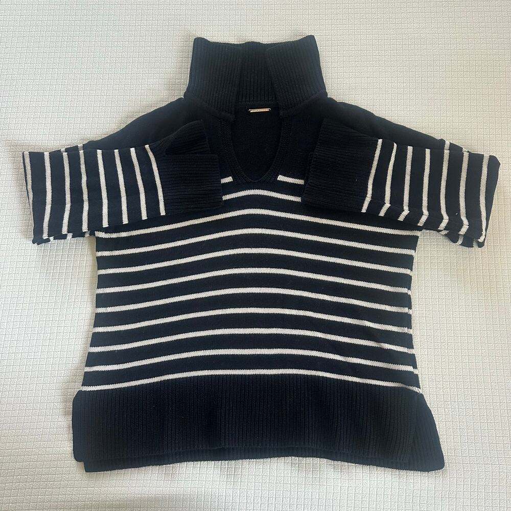 Elie Tahari Black White Stripe Collared Pullover Sweater Cotton Cashmere Size S